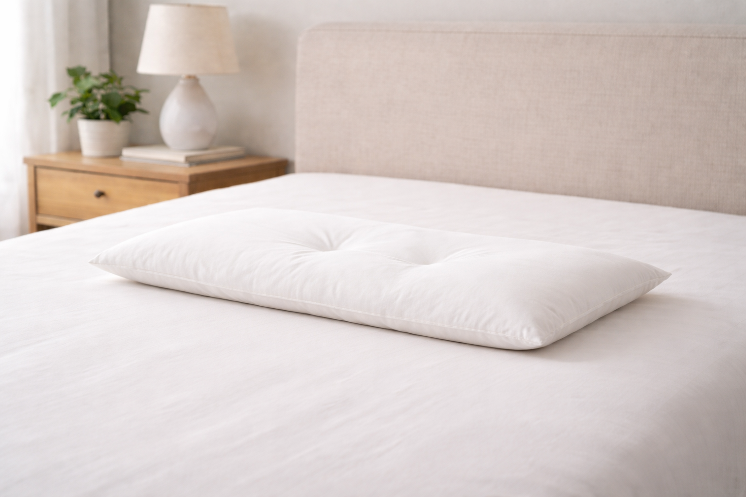 低めの薄型枕をベッドに置いたイメージ｜高さが低い枕の形状