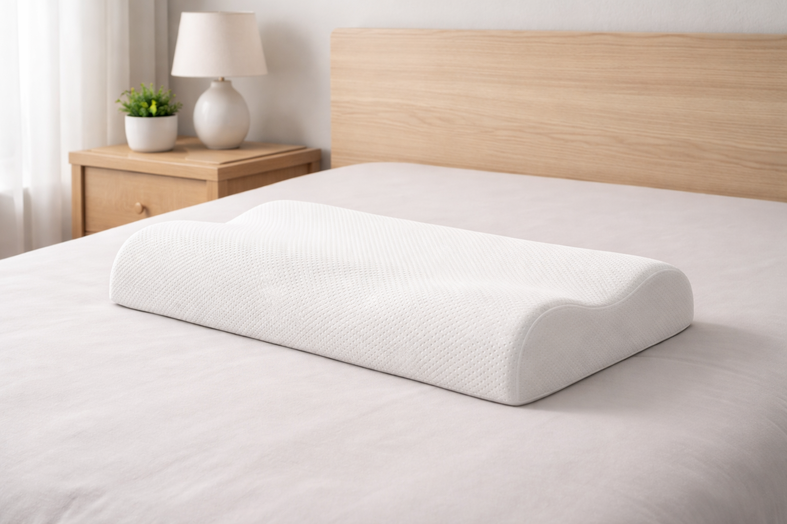 高反発タイプの立体構造枕をベッドに置いた横広イメージ｜硬め枕の形状例