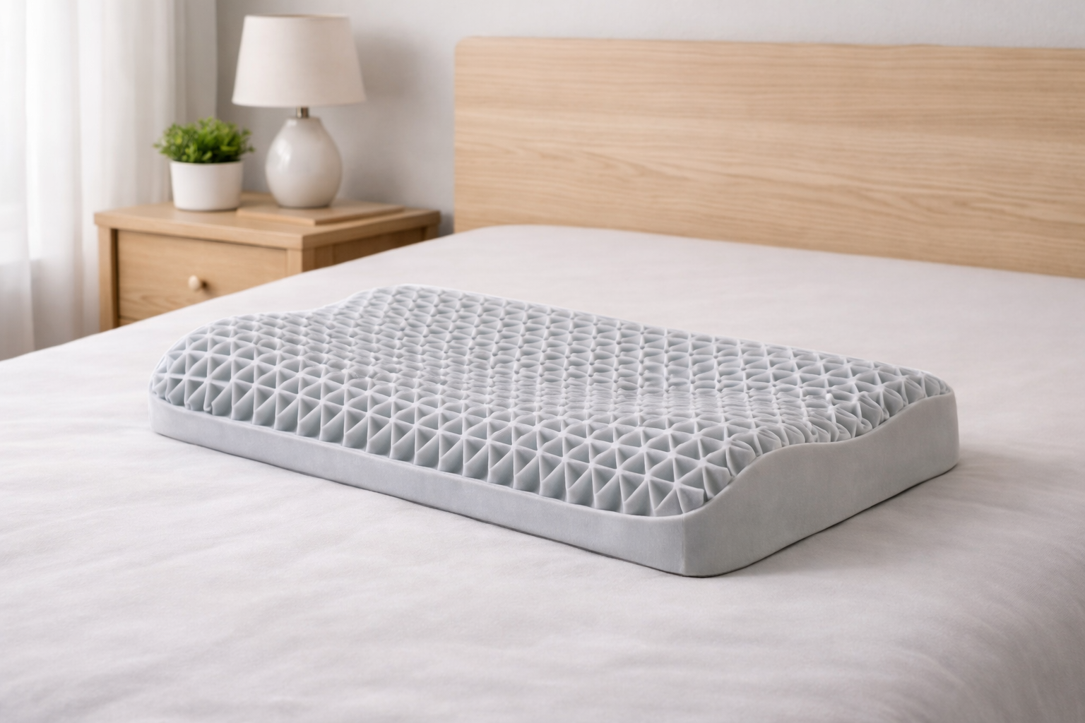 ハニカム構造のジェル枕をベッドに置いた横広イメージ｜冷感タイプ枕の構造例