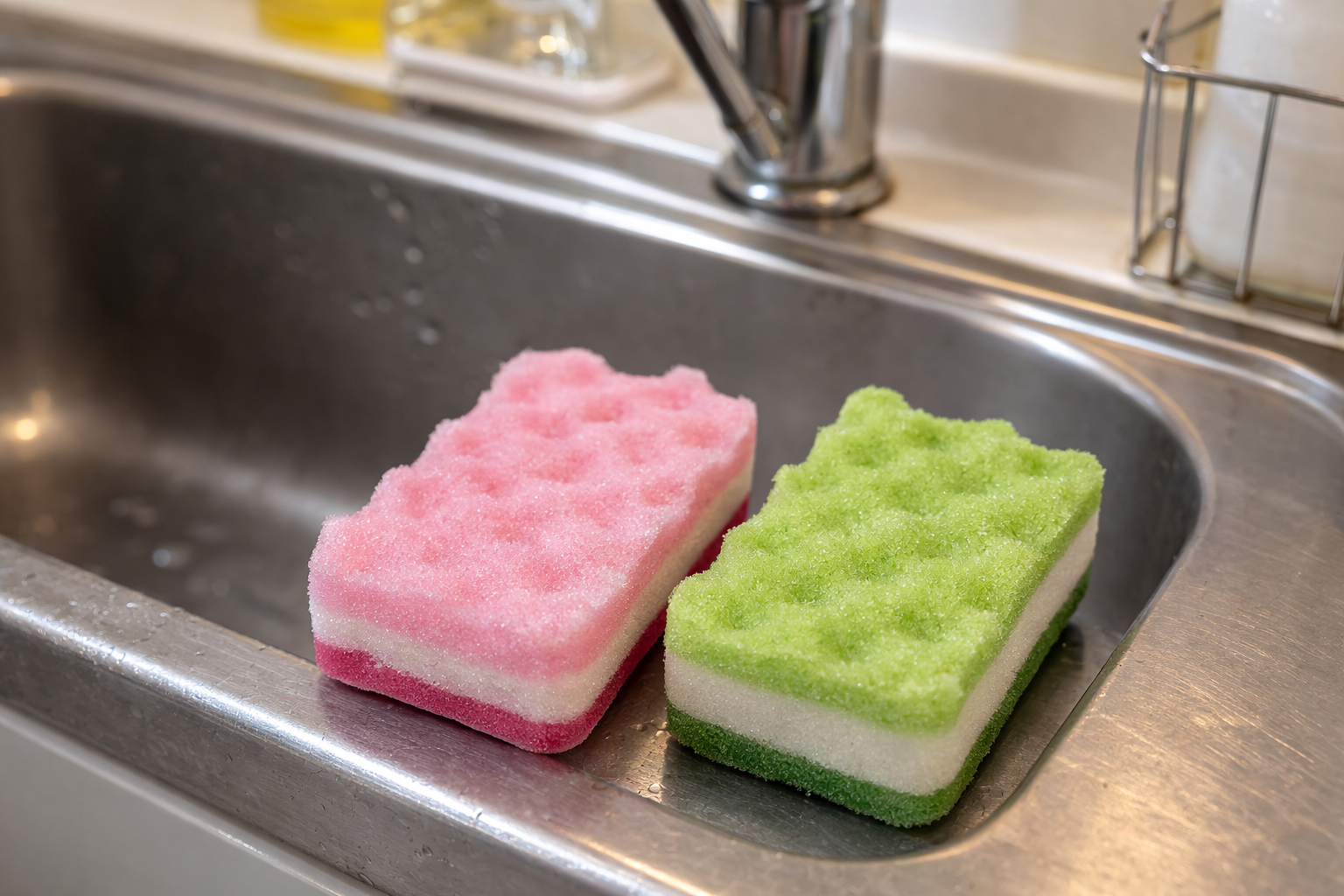シンクの縁に置かれた色違いのキッチンスポンジ2個