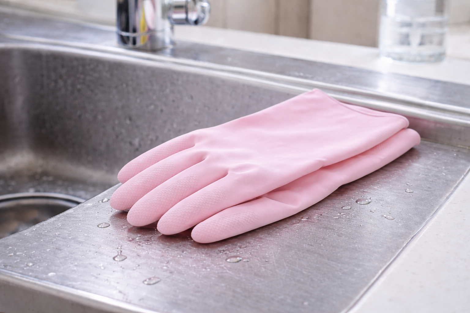 シンク横のステンレス台に重ねて置かれたキッチン用ゴム手袋