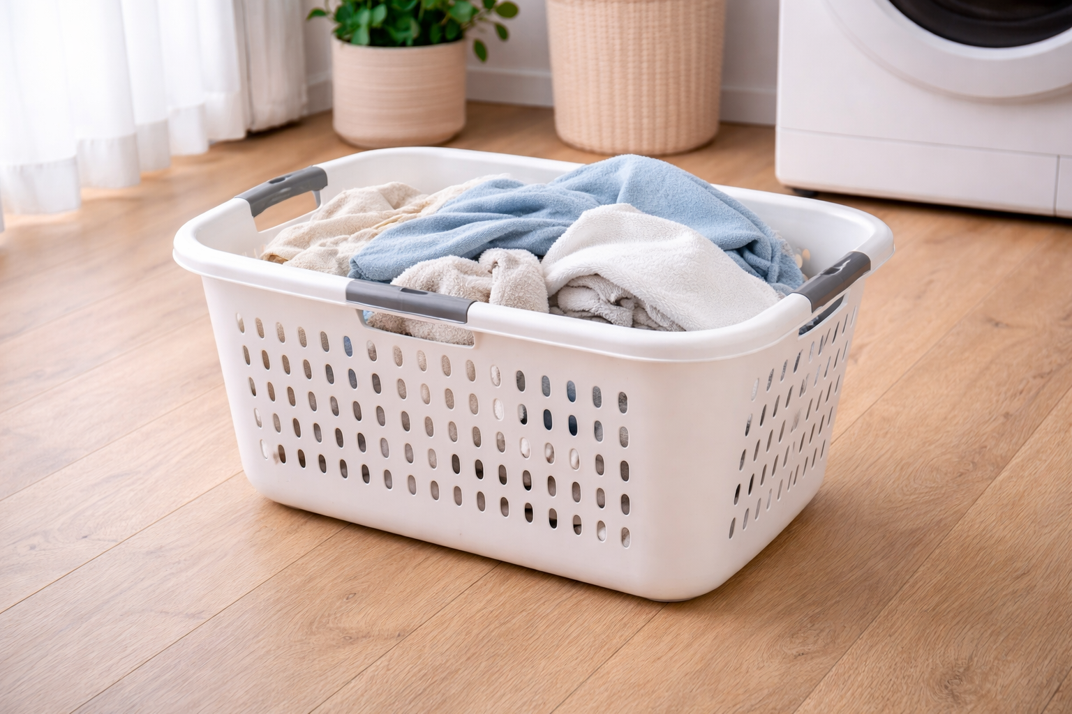 フローリングの床に置かれた白いランドリーバスケット